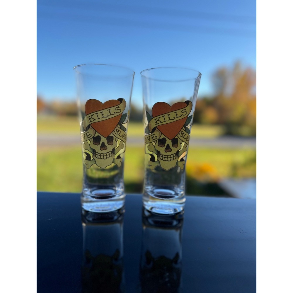 Ed Hardy Drinking Beer Glasses Tapered Love Kills Slowly Skull Heart Glass 16oz‎